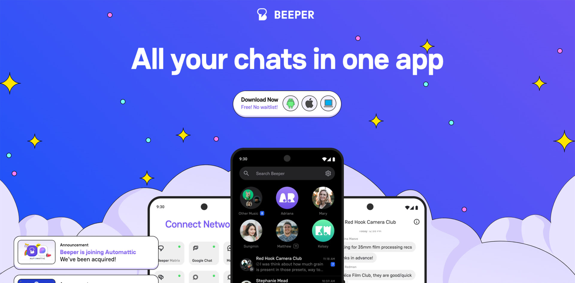 Beeper app homepage with the slogan 'All your chats in one app' and images of supported platforms