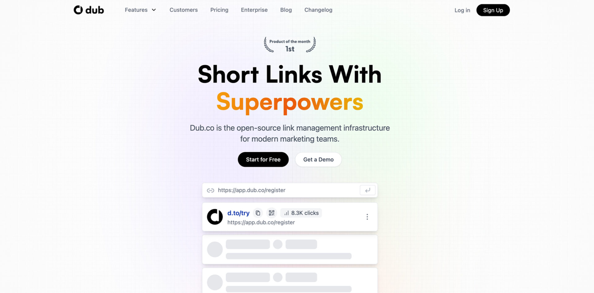 Promotional webpage for Dub.co featuring the tagline 'Short Links With Superpowers' for link management