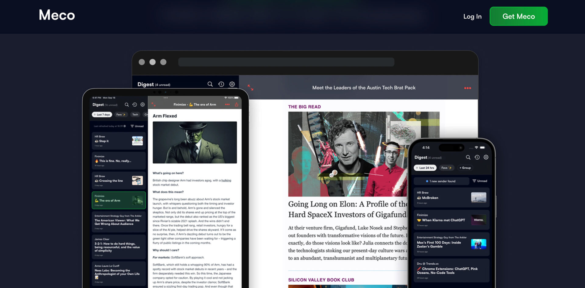 Meco email app interface displaying a digest view and an article profile on a dark theme background