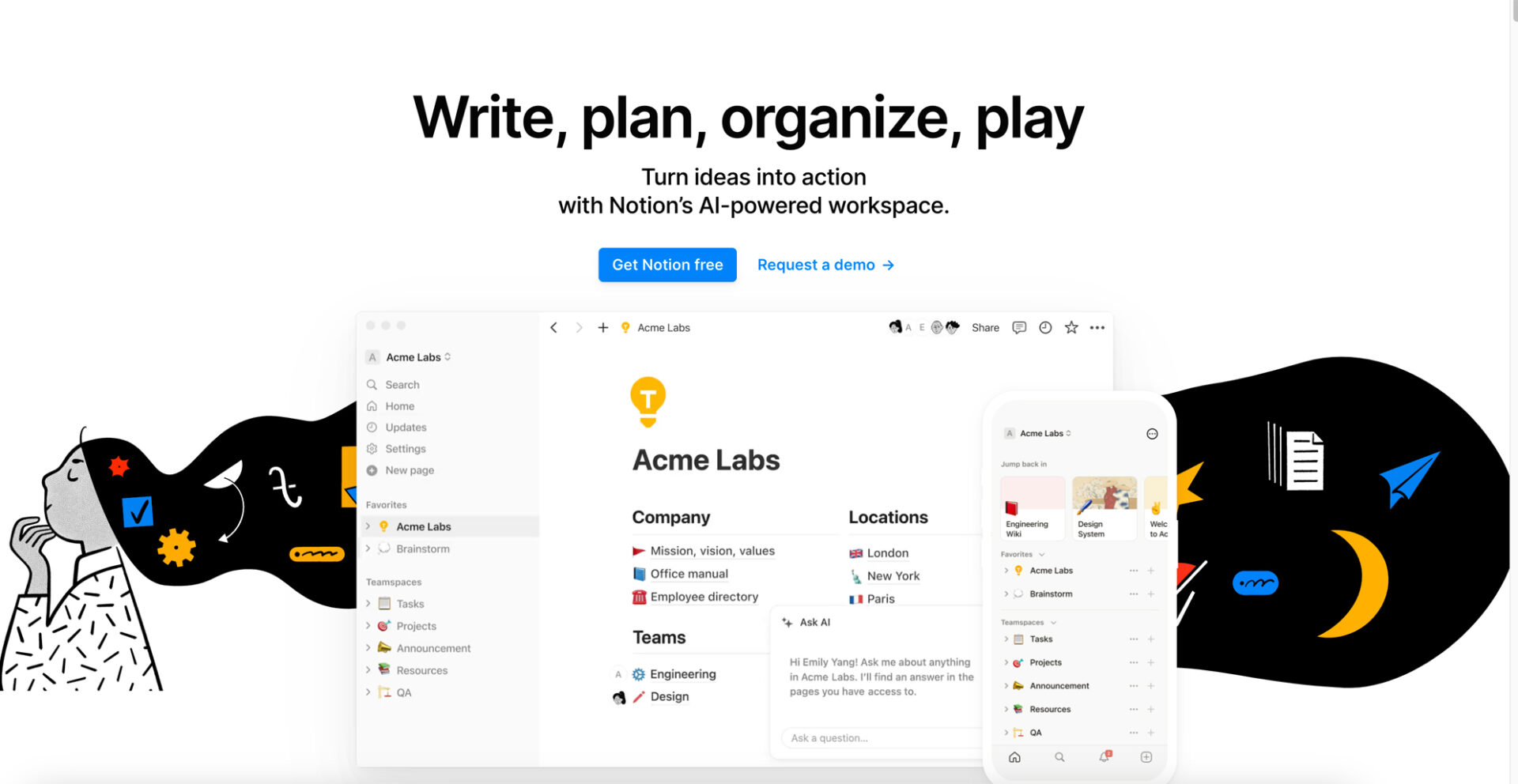 Screenshot of Notion's AI-powered workspace webpage offering writing, planning, and organizing tools