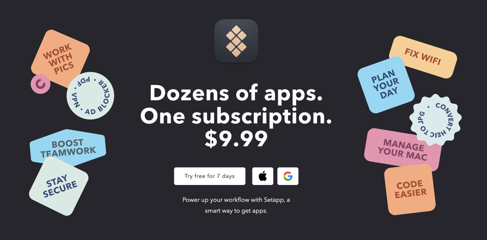 Advertisement for Setapp service with a collage of app icons and a tagline offering a subscription