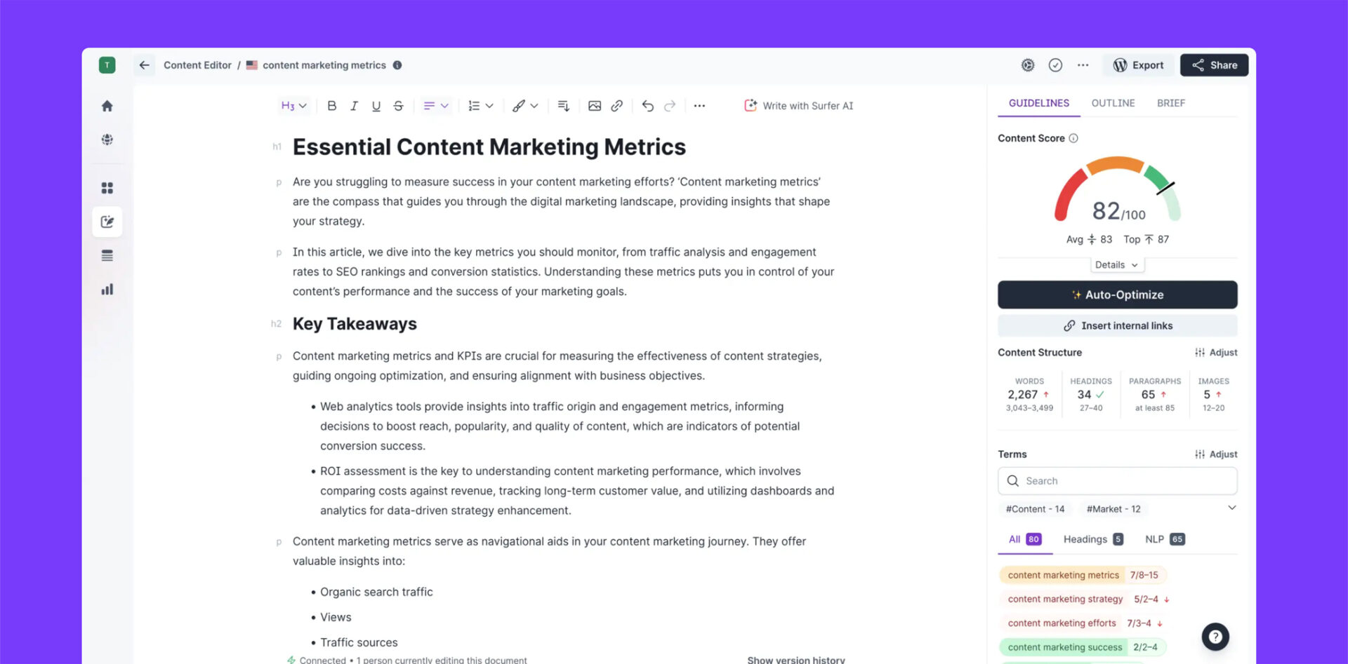 Surfer SEO content editor interface with content score and SEO metrics for marketing strategy