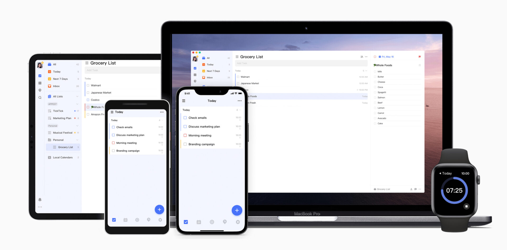 Collage of TickTick app on various devices showcasing a grocery list and daily task scheduling