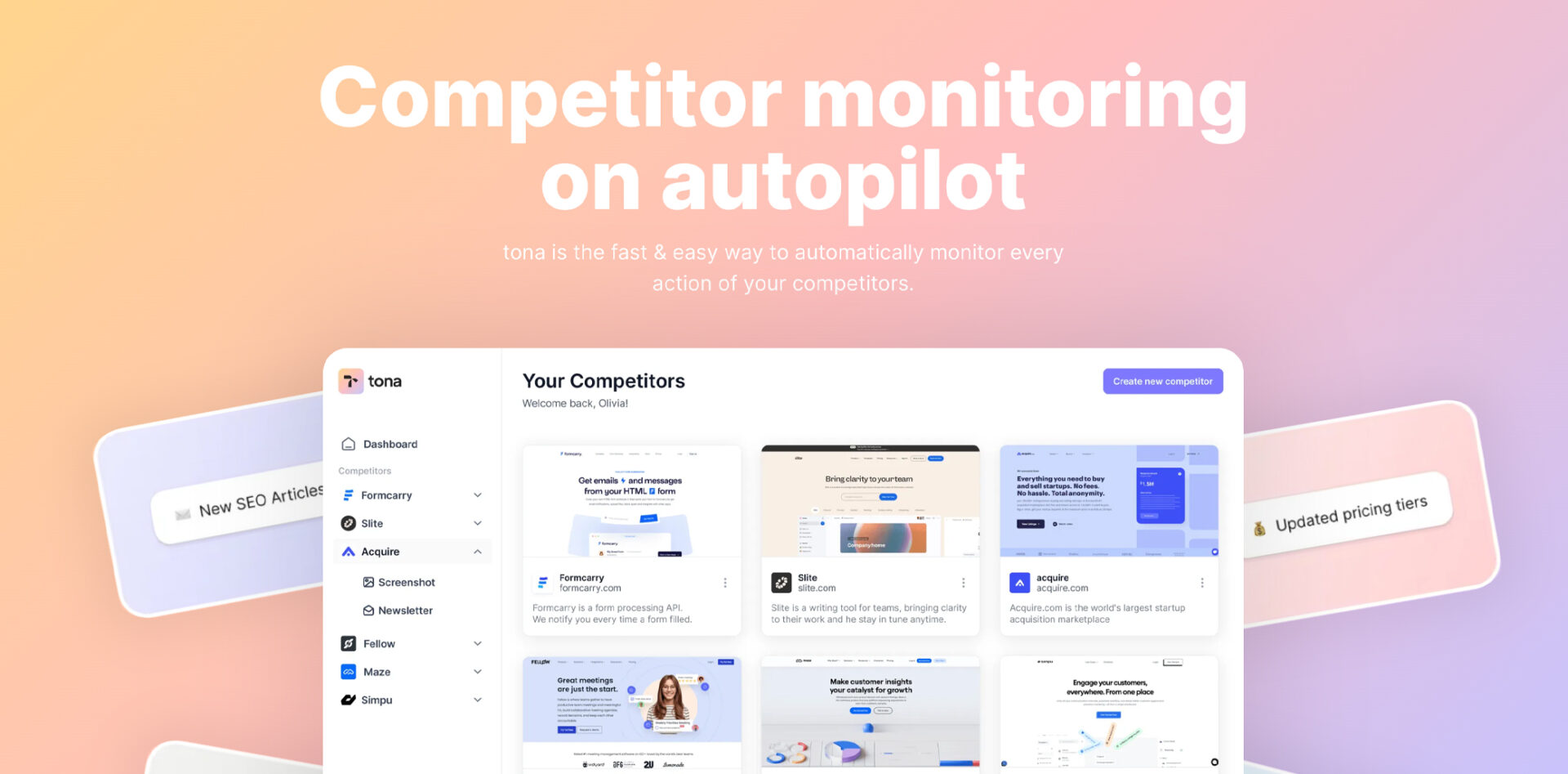 Web page for Tona, an automated competitor monitoring service with a colorful, user-friendly interface