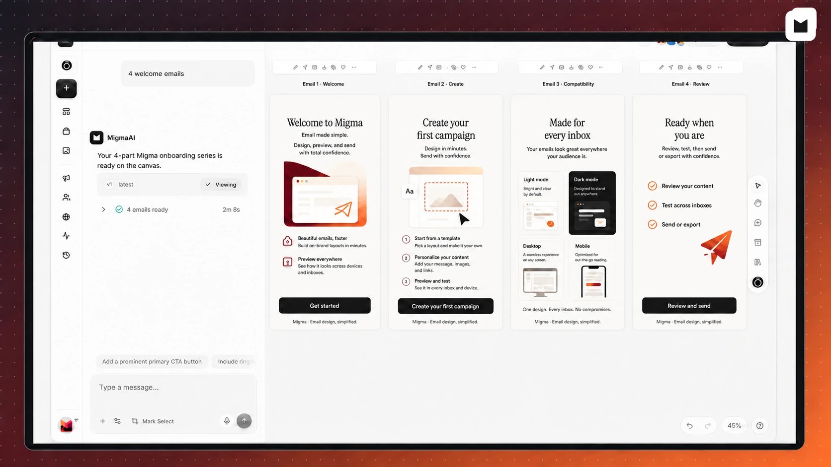 Migma canvas showing a four-email welcome series next to the chat