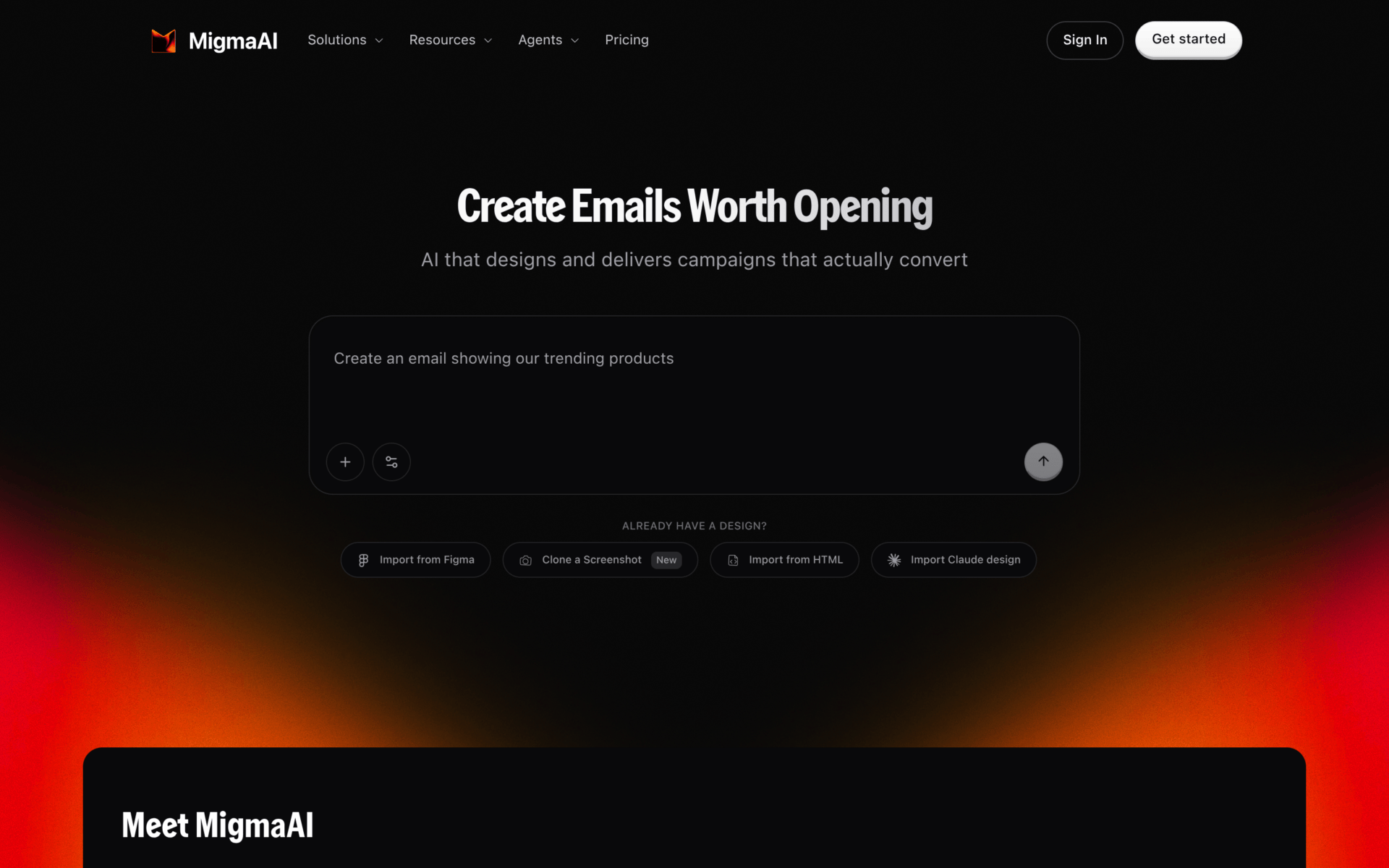 Migma homepage with a prompt box and buttons to import from Figma, a screenshot or HTML