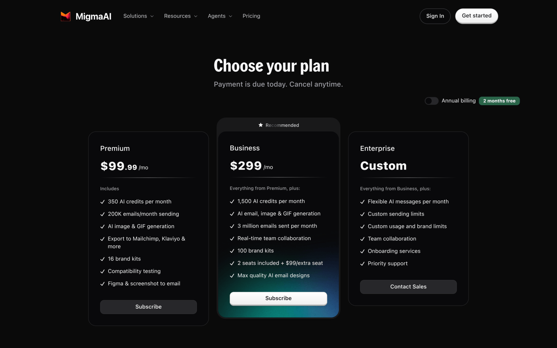 Migma pricing page with Premium at $99.99, Business at $299 and Enterprise on request