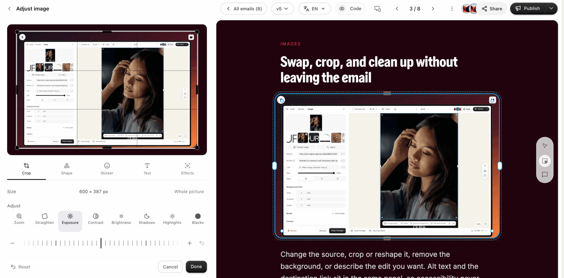Migma visual editor with an image selected and crop controls on the side
